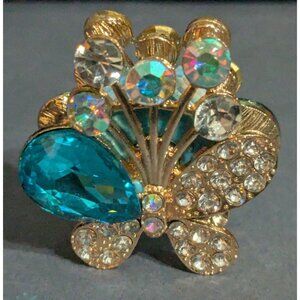 Crystal Butterfly Focal Bead Blue and Gold 1.5 in x 1.25 in Double Sided NWOT